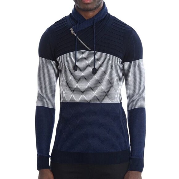 LCR Mens Ribbed Sweater Navy Blue Colorblock Slim Fit Shawl Collar Various Sizes - Picture 1 of 16